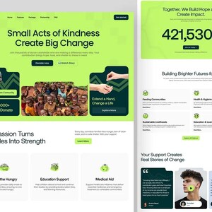 Könnte beinhalten: Eine hellgrüne und dunkel-türkisfarbene Website-Landingpage für Donaty mit dem Text Small Acts of Kindness Create Big Change sowie Abschnitten für Spenden, gesellschaftliche Wirkung, Ernährungshilfe, Bildung und medizinische Hilfe.