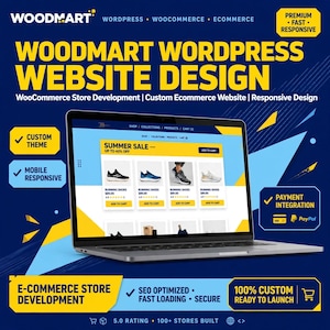 Op de afbeelding: Een laptop met een Woodmart WordPress-websiteontwerp voor een e-commerce winkel. Het scherm toont een zomeruitverkoop met hardloopschoenen, terwijl de blauwe en gele afbeelding tekst bevat over aangepaste thema's en betalingsintegratie.