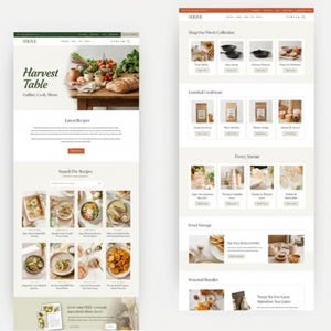 May include: Two website pages from Olive, a food and kitchenware brand. The left page features a "Harvest Table" with text "Gather, Cook, Share" and recipe images. The right page showcases product categories like "Shop Our Fresh Collection" and "Seasonal Bundles".