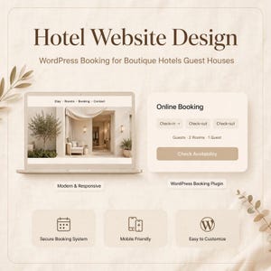 Może przedstawiać: Cyfrowa prezentacja projektu strony internetowej hotelu z ekranem laptopa pokazującym wnętrze pokoju, formularzem rezerwacji online z polami zameldowania i wymeldowania oraz trzema ikonami systemu rezerwacji, mobilności i łatwej personalizacji.