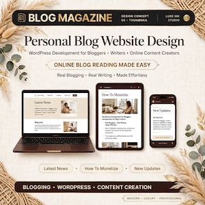Op de afbeelding: Een digitaal display met een persoonlijk blog-websiteontwerp voor WordPress. De lay-out bevat een laptop, tablet en smartphone met bloginhoud, inclusief tekst zoals BLOG MAGAZINE, Personal Blog Website Design en Online Blog Reading Made Easy.