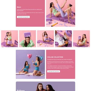 Puede incluir: Una página de inicio de sitio web para accesorios de yoga Yuna con esterillas, bloques y correas de yoga de color morado. El diseño muestra varias colecciones de productos, fotografías de estilo de vida y una sección de suscripción al boletín.
