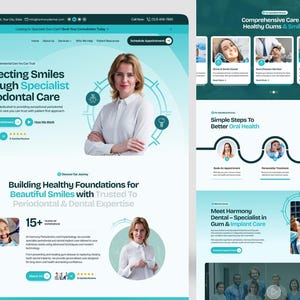 K&ouml;nnte beinhalten: Eine Website-Oberfl&auml;che f&uuml;r Harmony Dental in den Farben T&uuml;rkis und Wei&szlig;. Das Layout enth&auml;lt Text&uuml;berschriften wie Protecting Smiles Through Specialist Periodontal Care, Bilder einer Fachkraft, zahn&auml;rztliche Behandlungen und Schaltfl&auml;chen.