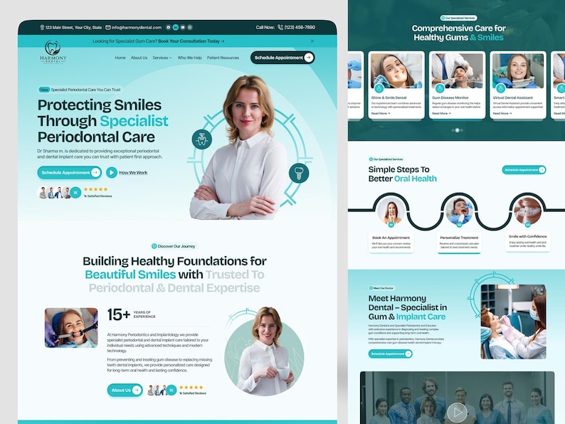K&ouml;nnte beinhalten: Eine Website-Oberfl&auml;che f&uuml;r Harmony Dental in den Farben T&uuml;rkis und Wei&szlig;. Das Layout enth&auml;lt Text&uuml;berschriften wie Protecting Smiles Through Specialist Periodontal Care, Bilder einer Fachkraft, zahn&auml;rztliche Behandlungen und Schaltfl&auml;chen.