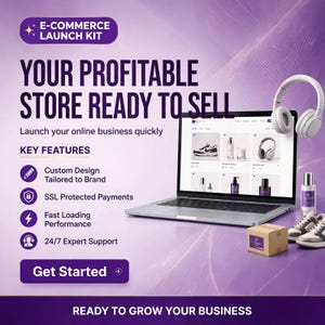 Może przedstawiać: Reklama zestawu do uruchomienia e-commerce na fioletowym tle z laptopem wyświetlającym sklep internetowy, białymi słuchawkami, małym pudełkiem i butelką. Tekst zawiera E-COMMERCE LAUNCH KIT oraz YOUR PROFITABLE STORE READY TO SELL.