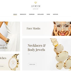 Könnte beinhalten: Die Startseite der AVRVM Jewelry Website enthält ein Navigationsmenü mit Links zu Armbändern, Ohrringen, Halsketten, Ringen und Uhren. Die Bereiche zeigen Bilder eines goldenen Armbands, einer weißen Spitzenmaske, einer goldenen Uhr und einer auffälligen Halskette.
