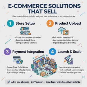Puede incluir: Una infografía titulada E-COMMERCE SOLUTIONS THAT SELL que describe cuatro pasos: 1. Store Setup, 2. Product Upload, 3. Payment Integration y 4. Launch & Scale. Incluye iconos coloridos, descripciones de texto y una ilustración de tienda.