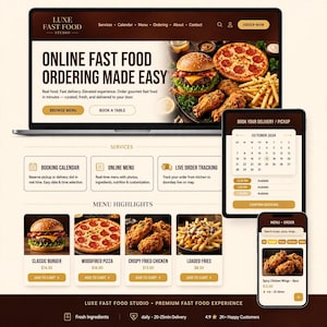 Könnte beinhalten: Eine Website-Oberfläche für Luxe Fast Food Studio auf einem Laptop, Tablet und Smartphone. Die Bildschirme zeigen Optionen zur Essensbestellung, einen Buchungskalender für Oktober 2024 sowie Menü-Highlights wie Burger, Pizza und Hähnchen.