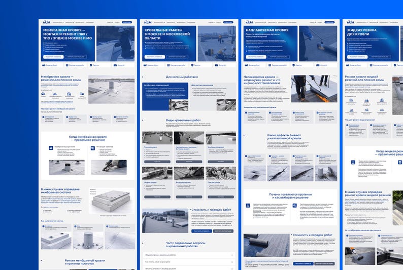 K&ouml;nnte beinhalten: Eine Sammlung von vier vertikalen Website-Landingpage-Layouts mit blau-wei&szlig;en Farbschemata. Die Seiten zeigen kyrillischen Text, verschiedene Symbole und fotografische Bilder, die Dachbau, Reparaturprozesse und Baumaterialien darstellen.