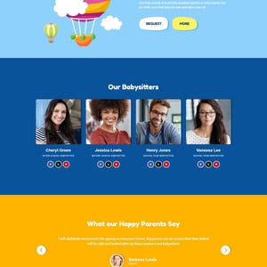 May include: A website for Kids Care services. The top section features a child with angel wings. The site offers babysitting services, with options for booking, and information on babysitting rates. The site also includes testimonials from parents.