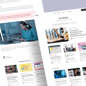 K&ouml;nnte beinhalten: Eine digitale Benutzeroberfl&auml;che, die das Layout einer Blog-Website mit Kopfzeile, Suchleiste und mehreren Artikelvorschauen zeigt. Die Seite enth&auml;lt Text, Bilder und Navigationslinks, einschlie&szlig;lich eines Bereichs mit der &Uuml;berschrift Our Blogs.