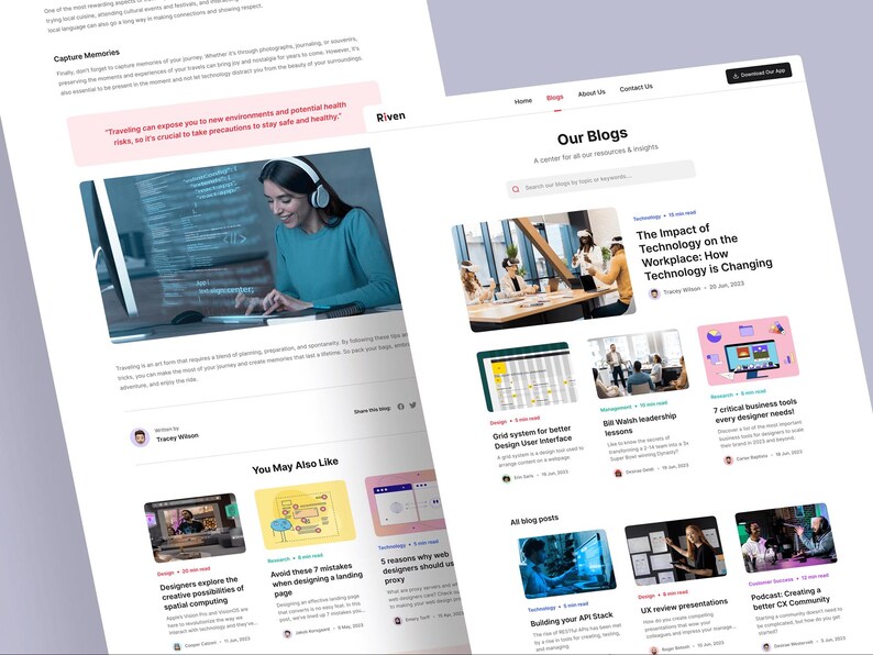 K&ouml;nnte beinhalten: Eine digitale Benutzeroberfl&auml;che, die das Layout einer Blog-Website mit Kopfzeile, Suchleiste und mehreren Artikelvorschauen zeigt. Die Seite enth&auml;lt Text, Bilder und Navigationslinks, einschlie&szlig;lich eines Bereichs mit der &Uuml;berschrift Our Blogs.