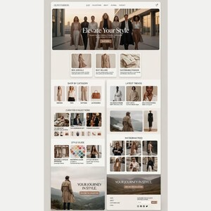 K&ouml;nnte beinhalten: Die Homepage der Website von Olive Fashion mit dem Text "Elevate Your Style" und einer Gruppe von Models. Bereiche umfassen "Neue Artikel", "Bestseller" und "Nachhaltige Mode". Kategorien und kuratierte Kollektionen werden ebenfalls angezeigt.
