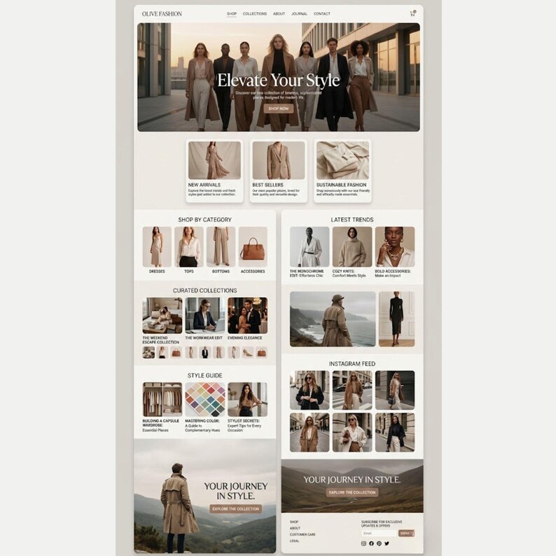 K&ouml;nnte beinhalten: Die Homepage der Website von Olive Fashion mit dem Text "Elevate Your Style" und einer Gruppe von Models. Bereiche umfassen "Neue Artikel", "Bestseller" und "Nachhaltige Mode". Kategorien und kuratierte Kollektionen werden ebenfalls angezeigt.