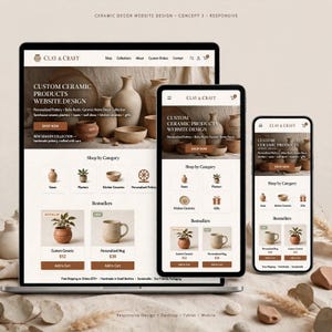 Pode incluir: Um design de site responsivo para Clay & Craft exibido em um monitor de desktop, tablet e smartphone. A interface apresenta uma paleta de cores neutras, exibindo cerâmicas, menus de navegação e categorias de produtos.