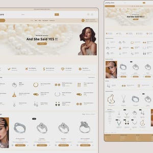May include: A website interface for a jewelry store featuring a beige and white color scheme. The layout displays product categories, including necklaces and rings, with images of jewelry items, pricing, and promotional text like And She Said YES.