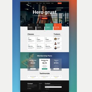 以下が含まれることがあります： Hero grustというタイトルのフィットネスプラットフォームのウェブサイトインターフェース。筋肉質な人物が表示されたヒーローセクション、ナビゲーションメニュー、クラスリスト、トレーナープロフィール、ドル表記のメンバーシッププラン、およびお客様の声セクションが含まれています。