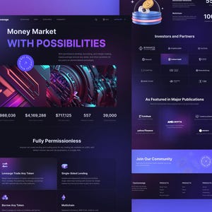 K&ouml;nnte beinhalten: Eine dunkel gestaltete Website-Oberfl&auml;che f&uuml;r OpenLeverage mit der &Uuml;berschrift Money Market with Possibilities, Finanzdaten, einer zentralen abstrakten Grafik sowie Bereichen f&uuml;r Investoren, Partner und Links zur Community-Einbindung.