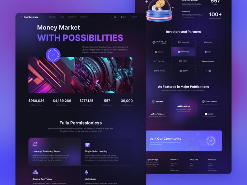 K&ouml;nnte beinhalten: Eine dunkel gestaltete Website-Oberfl&auml;che f&uuml;r OpenLeverage mit der &Uuml;berschrift Money Market with Possibilities, Finanzdaten, einer zentralen abstrakten Grafik sowie Bereichen f&uuml;r Investoren, Partner und Links zur Community-Einbindung.