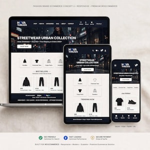 Pode incluir: Um portátil, um tablet e um smartphone exibem o site de comércio eletrónico Nova Threads. A interface apresenta um cabeçalho escuro, uma secção principal com uma coleção urbana, categorias de produtos e artigos com preços em dólares.