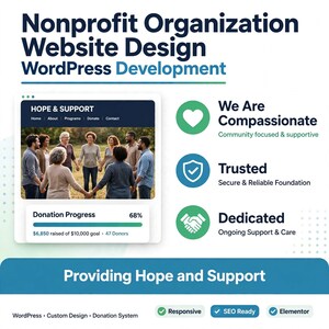 Może przedstawiać: Graficzna reklama projektowania stron internetowych dla organizacji non-profit i rozwoju WordPress. Zawiera makietę strony zatytułowaną HOPE & SUPPORT z grupą ludzi, postępem darowizn oraz ikonami przedstawiającymi wartości.