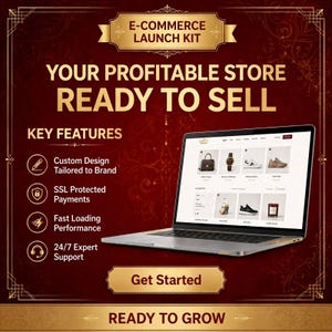 Könnte beinhalten: Eine digitale Grafik für ein E-Commerce-Startpaket mit einem Laptop, der einen Online-Shop anzeigt. Der Text enthält E-COMMERCE LAUNCH KIT, YOUR PROFITABLE STORE READY TO SELL, KEY FEATURES, Custom Design, SSL Protected Payments, Fast Loading und Get Started.