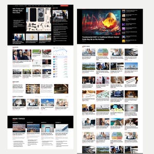 May include: A website layout with a black and white color scheme. The top left section features the headline "Why Trump can't dislodge Apple from China." The right side displays the headline "Fundamental Shift in Traditional Bitcoin Market Cycle May Be on the Horizon."