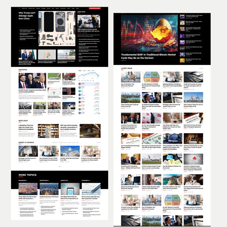 May include: A website layout with a black and white color scheme. The top left section features the headline "Why Trump can't dislodge Apple from China." The right side displays the headline "Fundamental Shift in Traditional Bitcoin Market Cycle May Be on the Horizon."