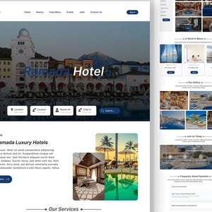 K&ouml;nnte beinhalten: Eine Website-Landingpage f&uuml;r das Ramada Hotel mit einem gro&szlig;en Heldenbild eines Resortgeb&auml;udes mit Pool, Navigationsmen&uuml;, Suchleiste sowie Abschnitten f&uuml;r &Uuml;ber uns, Bildergalerien und h&auml;ufig gestellte Fragen mit blauen Call-to-Action-Buttons.