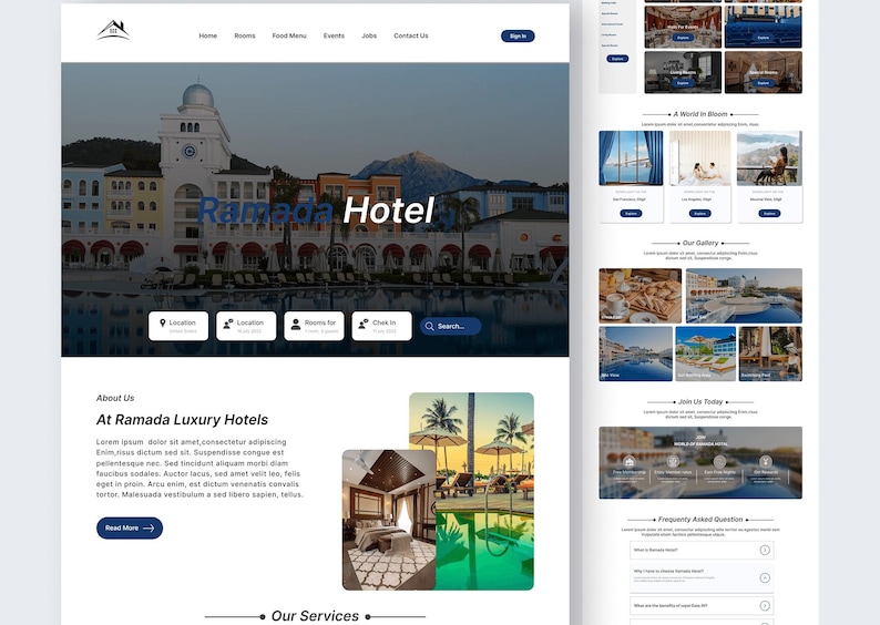 K&ouml;nnte beinhalten: Eine Website-Landingpage f&uuml;r das Ramada Hotel mit einem gro&szlig;en Heldenbild eines Resortgeb&auml;udes mit Pool, Navigationsmen&uuml;, Suchleiste sowie Abschnitten f&uuml;r &Uuml;ber uns, Bildergalerien und h&auml;ufig gestellte Fragen mit blauen Call-to-Action-Buttons.