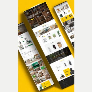 Peut inclure: Un affichage numérique présentant trois vues inclinées d'une interface de site web avec un schéma de couleurs jaune et blanc. La mise en page comprend des grilles de produits, des images de meubles, des menus et des blocs de texte organisés.