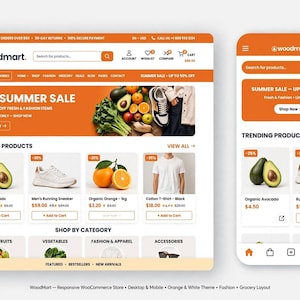Op de afbeelding: Een digitaal interface-ontwerp voor een e-commerce website genaamd Woodmart, weergegeven in zowel desktop- als mobiele lay-outs. Het ontwerp heeft een oranje en wit kleurenschema en toont productvermeldingen voor avocado's, sneakers, sinaasappels en t-shirts.