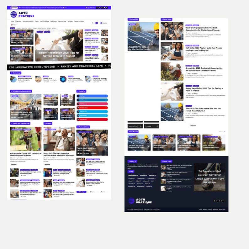 May include: Two website layouts with the "ACTU PRATIQUE" logo. The left layout features articles on salary negotiation and collaborative consumption. The right layout showcases articles on work-study programs and green jobs. The website's theme is news and practical life.
