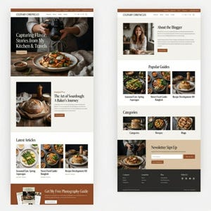 Peut inclure: Conception d'un site web pour un blog culinaire, "Culinary Chronicles", présentant des articles et des guides. La page d'accueil affiche des photos de plats, une personne avec un appareil photo et du pain au levain. Sections : "Derniers articles" et "Guides populaires."