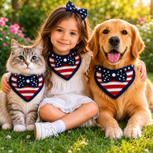 May include: Three matching crochet bandanas featuring a patriotic design with red and white horizontal stripes, a dark blue border, and a dark blue bow with white stars and a central white button. The bandanas are worn by a cat, a child, and a dog.