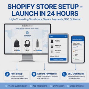 May include: A digital graphic displaying Shopify store setup services with text reading SHOPIFY STORE SETUP - LAUNCH IN 24 HOURS. It features a computer monitor, tablet, and smartphone showing e-commerce interfaces, plus icons for fast setup, secure payments, and SEO.