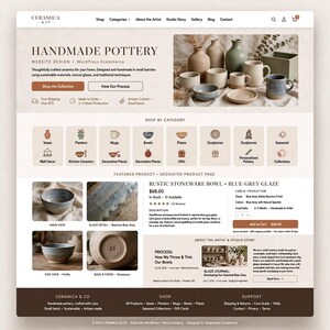 May include: A website interface for Ceramica & Co featuring handmade pottery. The layout displays a collection of ceramic vases, mugs, and bowls in neutral tones, alongside product details for a rustic stoneware bowl with a blue-grey glaze.