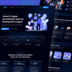 Puede incluir: Una interfaz de sitio web de tema oscuro para MoneyLion Crypto que presenta una sección principal con una ilustración azul y blanca de dos personas, una bombilla y símbolos de moneda. El diseño incluye secciones de testimonios y préstamos.