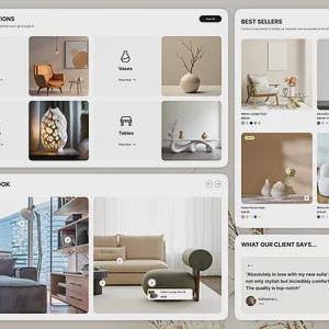 以下が含まれることがあります： Top Collections、Best Sellers、Shop The Lookというセクションを備えた家具店ウェブサイトのレイアウトを表示するデジタルインターフェース。ページには、椅子、花瓶、ランプ、テーブルなどのさまざまな製品カテゴリが画像付きで掲載されています。