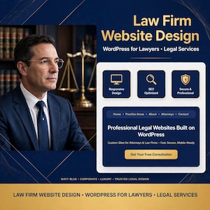 Puede incluir: Un anuncio digital de diseño de sitios web para bufetes de abogados con un profesional en traje azul marino, una balanza de justicia dorada y una maqueta de interfaz web con texto sobre WordPress para abogados y servicios legales.