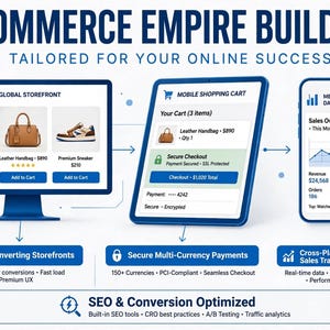 Puede incluir: Una infografía titulada E-COMMERCE EMPIRE BUILDERS que muestra un monitor de computadora con una tienda global, una tableta con un carrito de compras móvil y un teléfono inteligente con un panel de control para comerciantes, unidos por flechas.