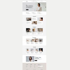 K&ouml;nnte beinhalten: Ein Website-Mockup f&uuml;r einen Mode-E-Commerce-Shop. Die Homepage zeigt eine Frau in einem Blazer, Produktbilder und Abschnitte mit der Bezeichnung "Featured", "Category" und "Secondary". Die Website hat ein klares, minimalistisches Design mit einer neutralen Farbpalette.