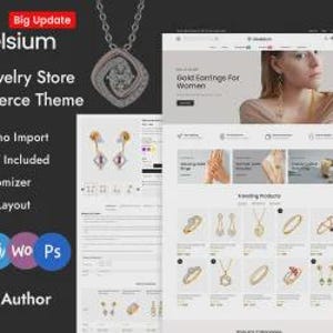 Może przedstawiać: Cyfrowa grafika marketingowa dla motywu WooCommerce Jewelsium przedstawiająca układ strony internetowej z listami produktów jubilerskich, naszyjnikiem z diamentowym wisiorkiem, pierścionkiem z diamentem oraz ikonami oprogramowania Elementor, WordPress i Photoshop.