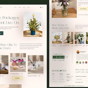 Pode incluir: Uma página web da Bloom & Wild com um cabeçalho com o texto Care Packages That Live On, uma pequena árvore de Natal num vaso azul e secções para velas, difusores, chocolates, bolachas e conjuntos de oferta com várias imagens.