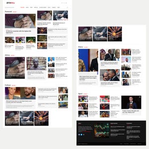 May include: A website layout with a white background and black text. The website is divided into sections, including "Featured," "Africa," "Culture," "Policy," and "Sport." Each section features various articles with accompanying images. The website's name is "AfriMag."