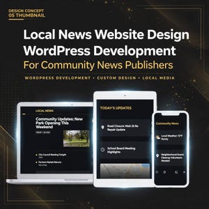 Op de afbeelding: Een digitaal display met het ontwerp van een lokale nieuwswebsite op een laptop, tablet en smartphone. De interface heeft een donker thema met gouden tekst en toont verschillende koppen en updates voor de gemeenschap.