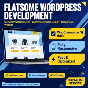 Op de afbeelding: Een laptop met een WooCommerce-winkel met fietsuitrusting. De tekst bevat "FLATSOME WORDPRESS DEVELOPMENT", "WooCommerce Built", "Fully Responsive", "Fast & Optimized", "WordPress Expert", "Custom Design", "SEO Ready" en "PREMIUM SERVICE".
