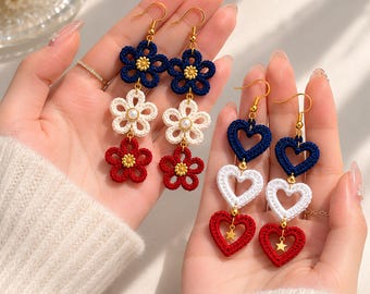 Earring Crochet Pattern Bundle, Patriotic Heart & Flower Drop Earrings, 4th of July Red White Blue PDF, Beginner Friendly Instant Download