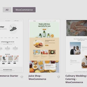 Może przedstawiać: Cyfrowy interfejs wyświetlający trzy szablony stron internetowych pod filtrem o nazwie WooCommerce. Szablony obejmują motyw Starter z grafiką buta, motyw Juice Shop z obrazami owoców oraz motyw Culinary Wedding & Catering.