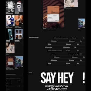 Op de afbeelding: Een digitaal portfolio-website-ontwerp met een donkere achtergrond en een raster van projectthumbnails, inclusief productfotografie, brandingmaterialen en prijslijsten. Het onderste gedeelte toont de tekst SAY HEY! hello@boldist.com.